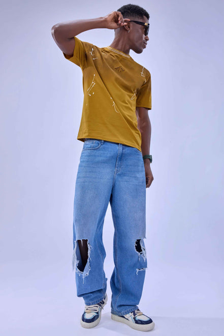 Auraa Urban Canvas - Abstract Paint Splatter Oversized T-Shirt (Yellow)