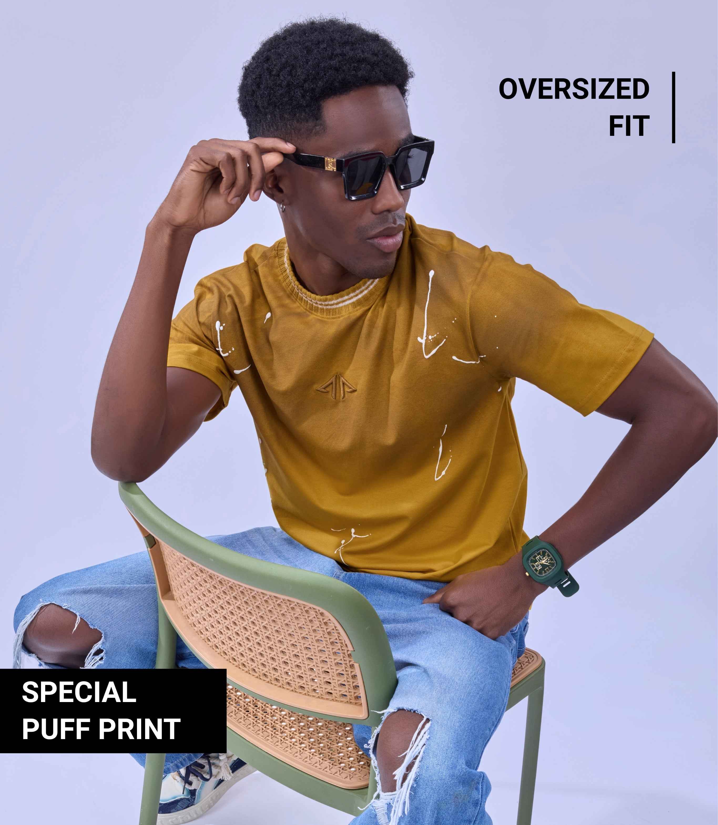 Auraa Urban Canvas - Abstract Paint Splatter Oversized T-Shirt (Yellow)