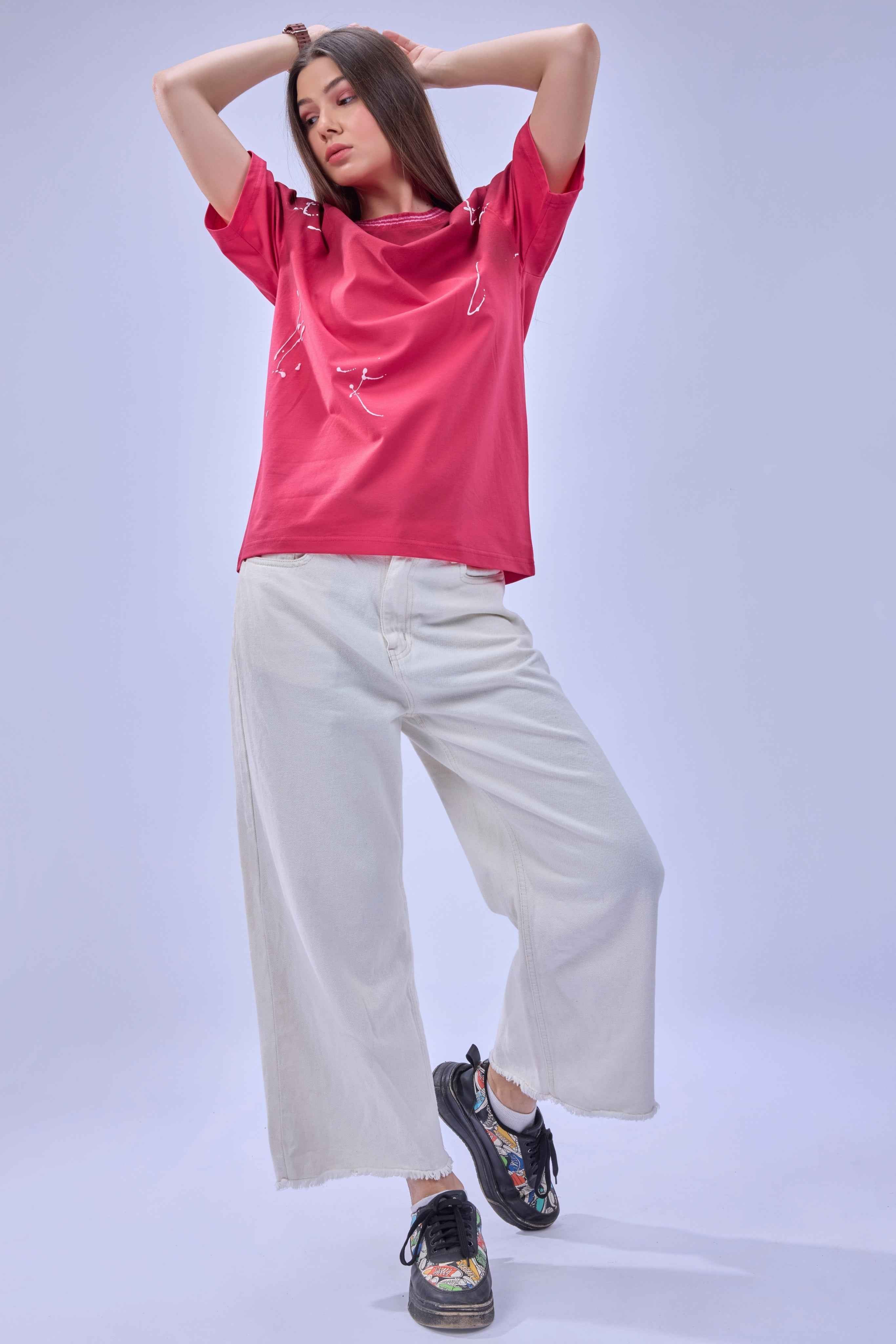 Auraa Urban Canvas - Abstract Paint Splatter Oversized T-Shirt (Pink)