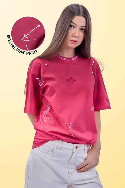 Auraa Urban Canvas - Abstract Paint Splatter Oversized T-Shirt (Pink)