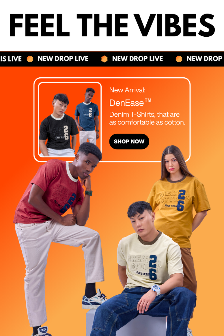 Mobile promotional homepage banner of new collection drop of 'Auraa Casuals' t-shirt with new denim fabric. Three models wearing that t-shirt and posing with heading text 'Feel The Vibes'.