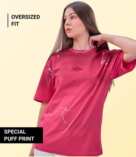 Auraa Urban Canvas - Abstract Paint Splatter Oversized T-Shirt (Pink)