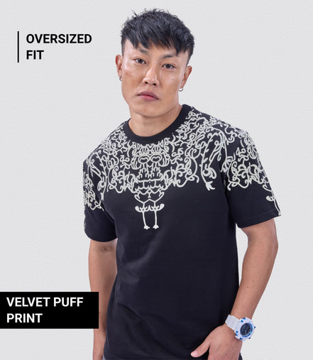Auraa Crown - Puff Print Oversized Round Neck T-Shirt (Black)