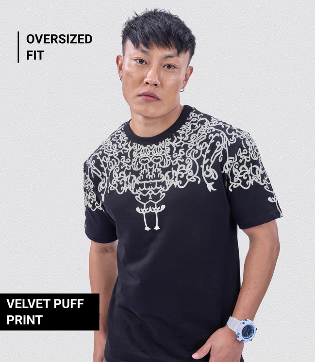 Auraa Crown - Puff Print Oversized Round Neck T-Shirt (Black)