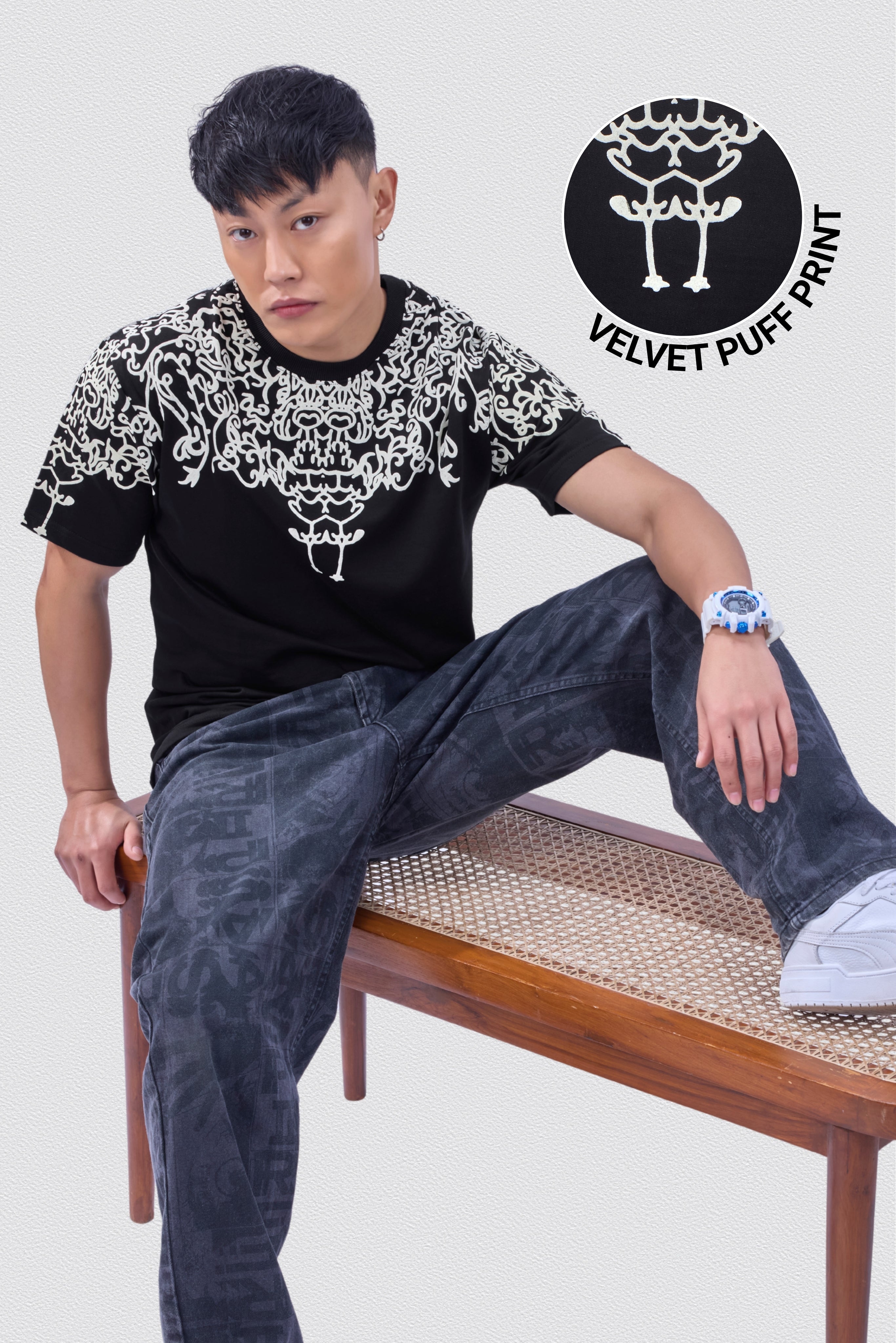 Auraa Crown - Puff Print Oversized Round Neck T-Shirt (Black)