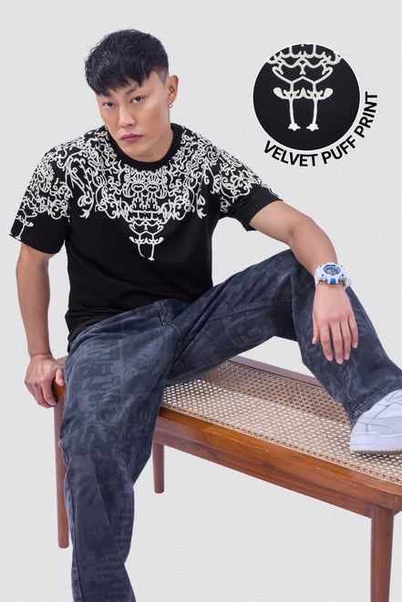 Auraa Crown - Puff Print Oversized Round Neck T-Shirt (Black)