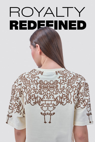 Auraa Crown - Puff Print Oversized Round Neck T-Shirt (Off-White)