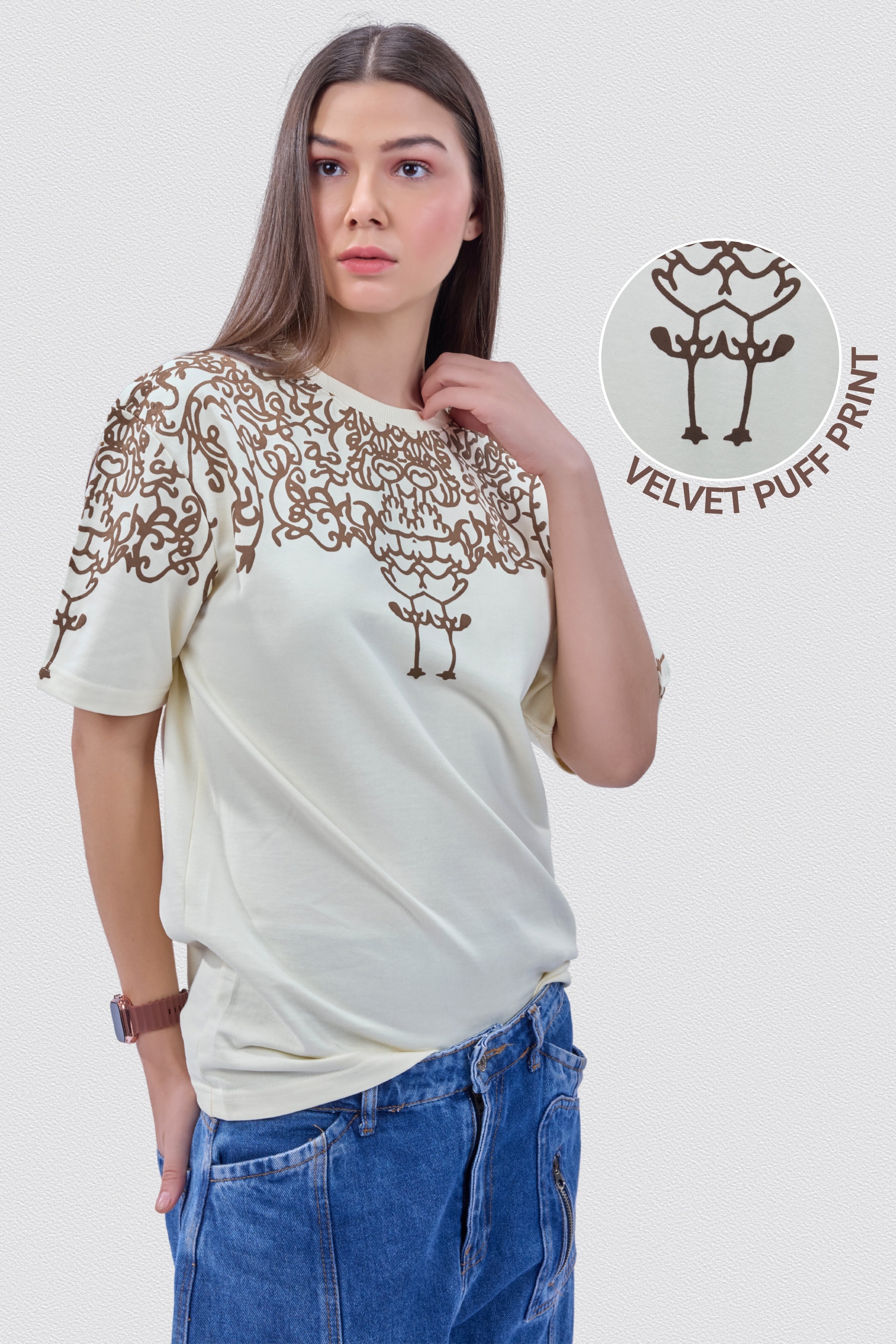 Auraa Crown - Puff Print Oversized Round Neck T-Shirt (Off-White)