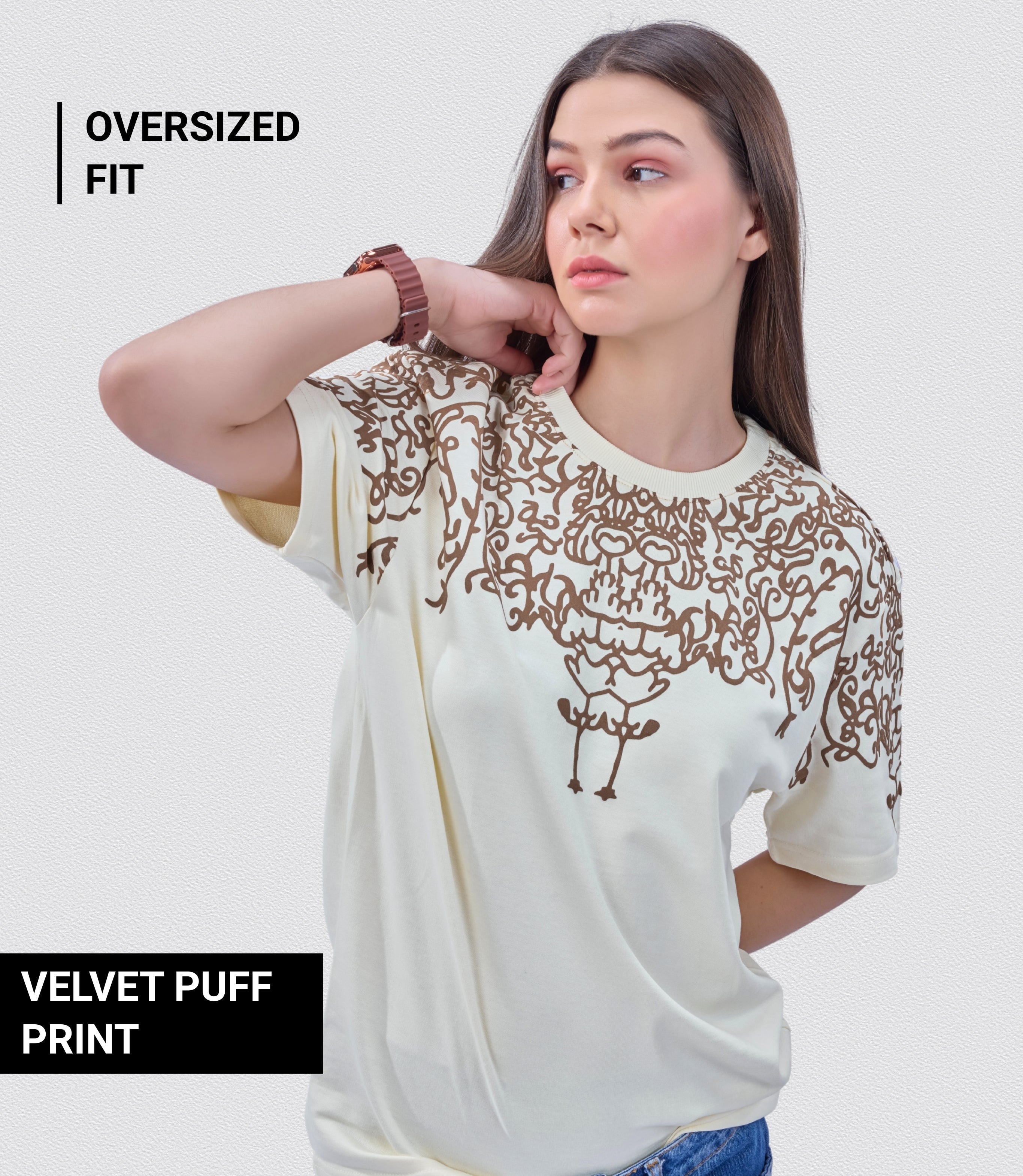 Auraa Crown - Puff Print Oversized Round Neck T-Shirt (Off-White)