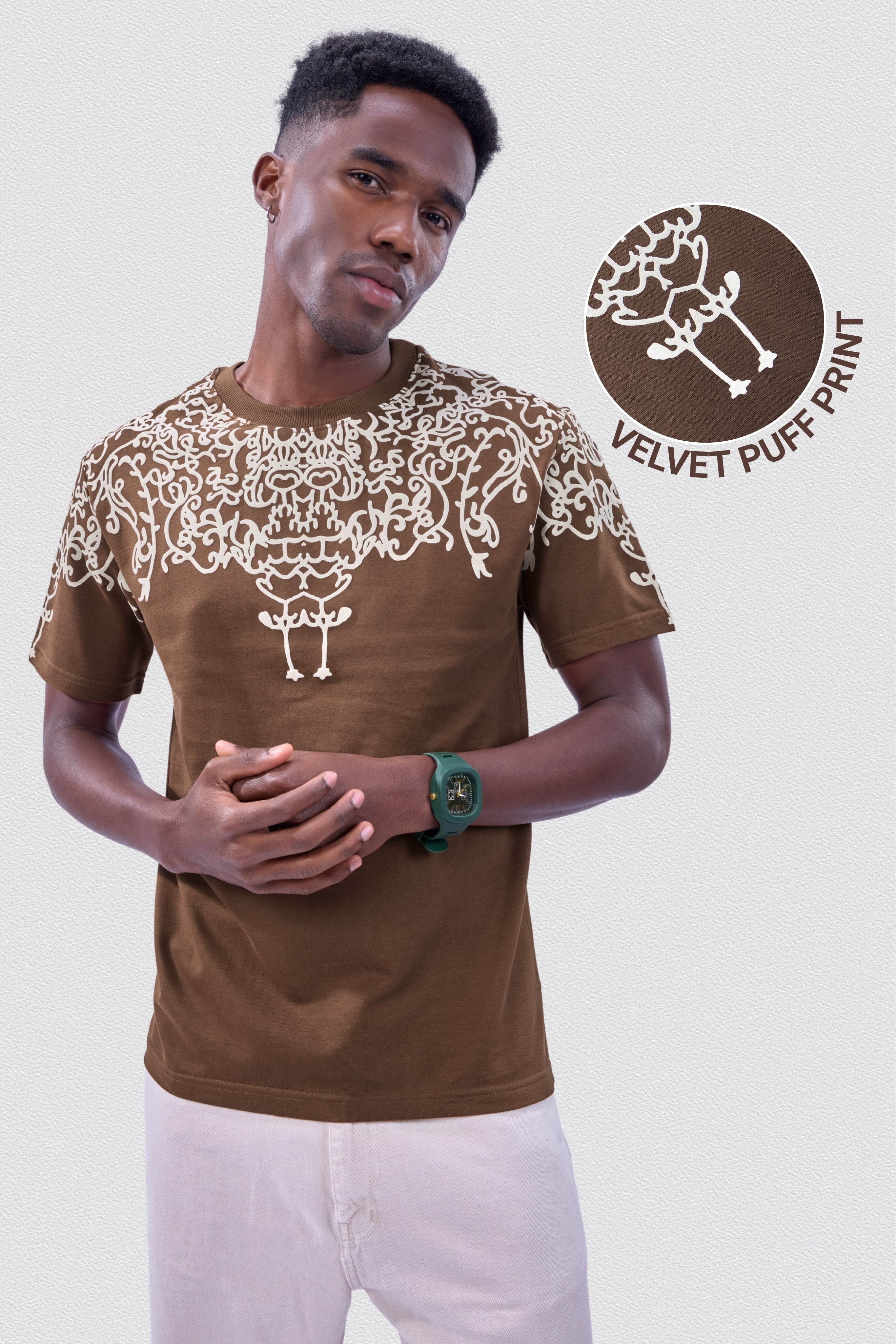 Auraa Crown - Puff Print Oversized Round Neck T-Shirt (Brown)