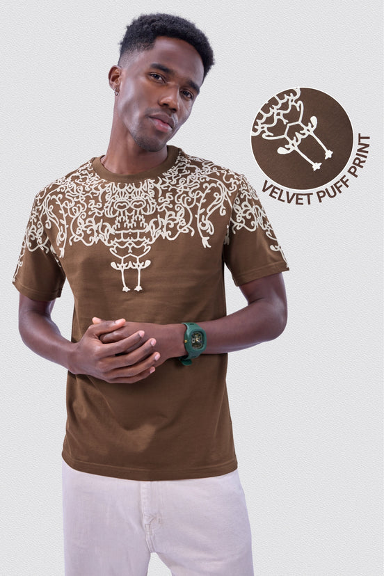 Auraa Crown - Puff Print Oversized Round Neck T-Shirt (Brown)