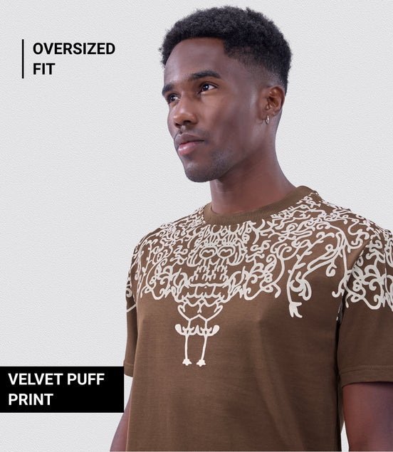 Auraa Crown - Puff Print Oversized Round Neck T-Shirt (Brown)