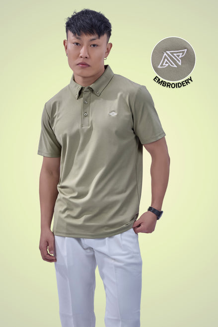Auraa Everyday Essential - Textured Button-Down Polo (Olive Green)