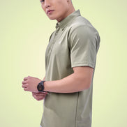 Auraa Everyday Essential - Textured Button-Down Polo (Olive Green)