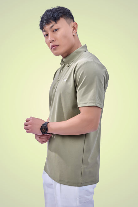Auraa Everyday Essential - Textured Button-Down Polo (Olive Green)