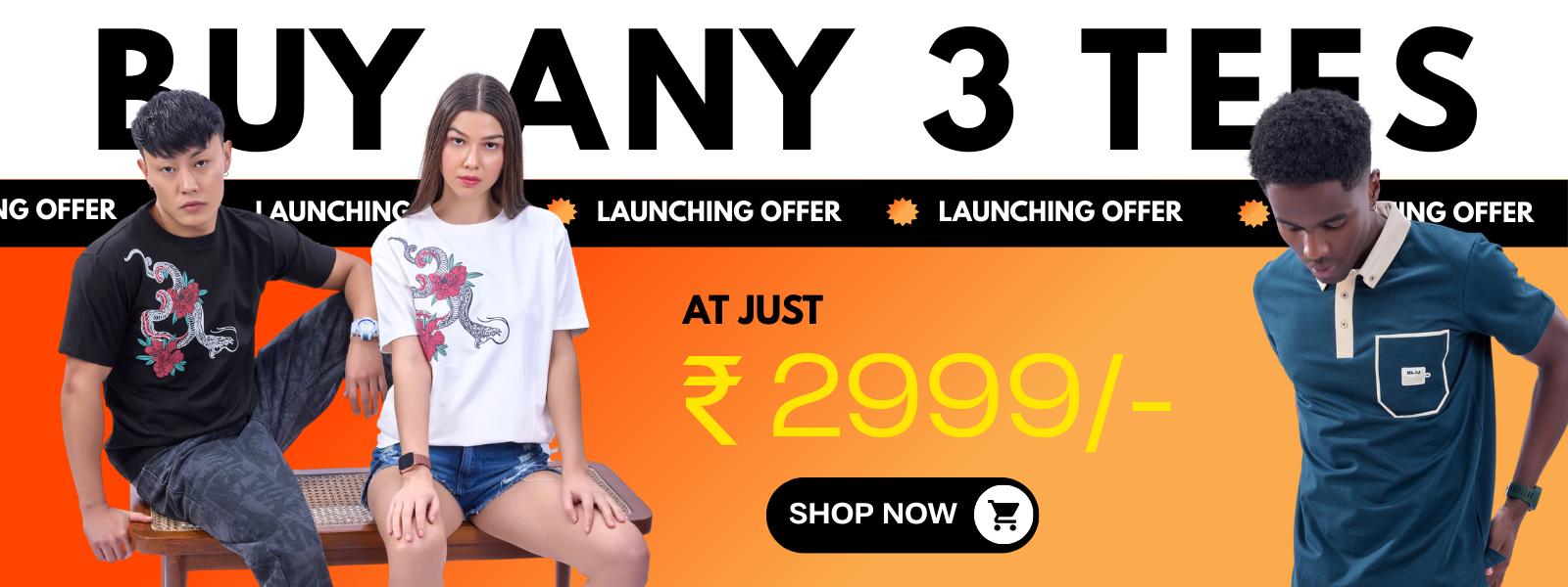 Desktop homepage promotional banner for buying three 'Auraa Casuals' t-shirts at a discounted price of four two thousand nine hundred and ninety nine rupees. People sitting and standing in front of an orange background.