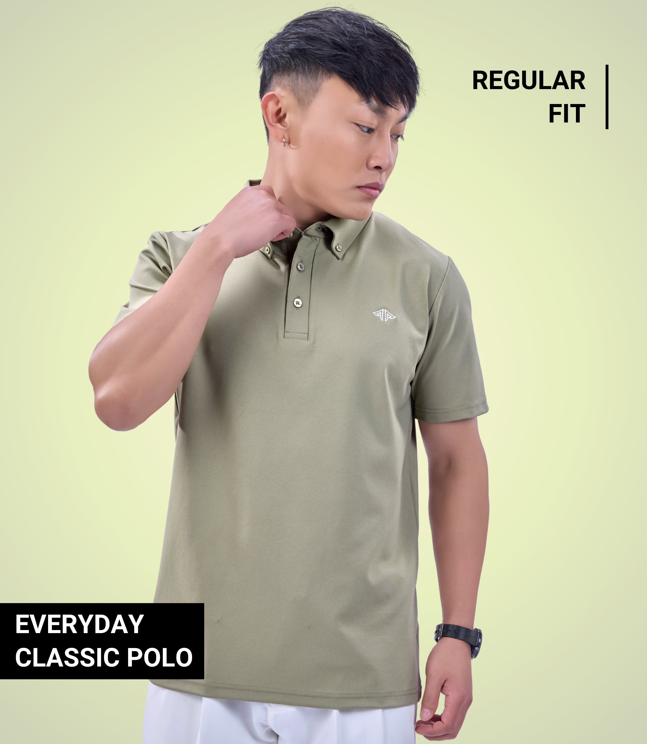 Auraa Everyday Essential - Textured Button-Down Polo (Olive Green)