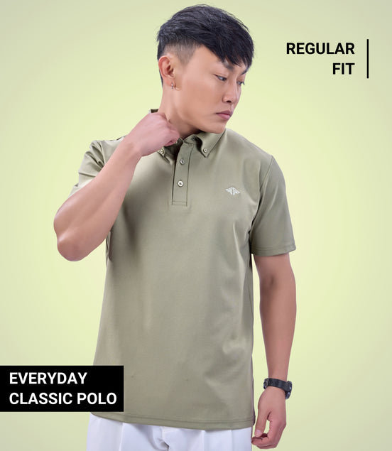 Auraa Everyday Essential - Textured Button-Down Polo (Olive Green)
