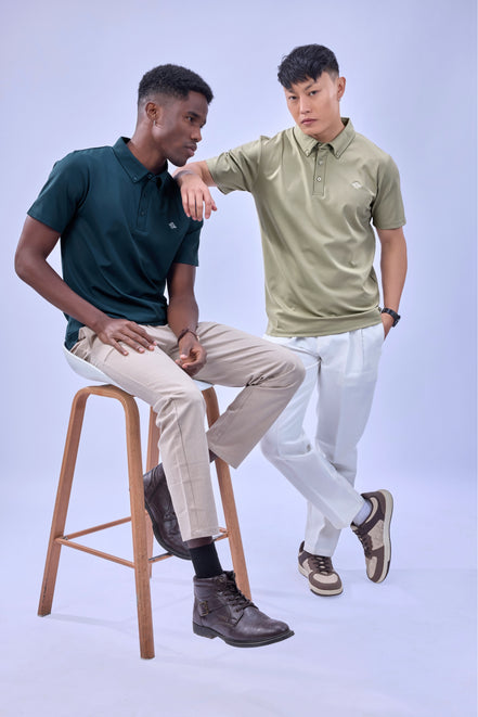 Auraa Everyday Essential - Textured Button-Down Polo (Olive Green)