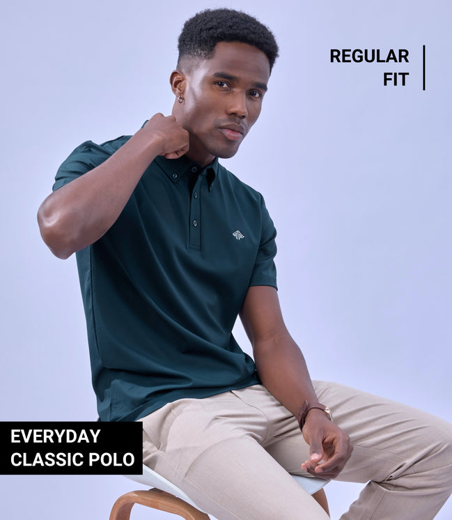 Auraa Everyday Essential - Textured Button-Down Polo (Navy)