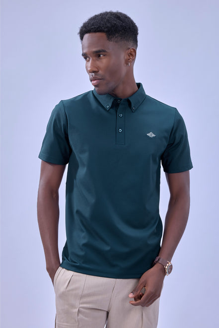 Auraa Everyday Essential - Textured Button-Down Polo (Navy)