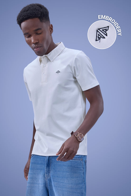 Auraa Everyday Essential - Textured Button-Down Polo (Off-White)