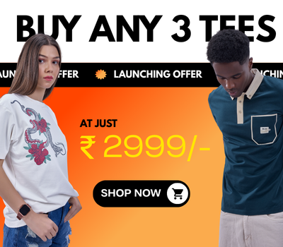 Mobile promotional banner for buying three 'Auraa Casuals' t-shirts at a discounted price of four two thousand nine hundred and ninety nine rupees. People sitting and standing in front of an orange background.