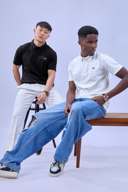 Auraa Everyday Essential - Textured Button-Down Polo (Black)