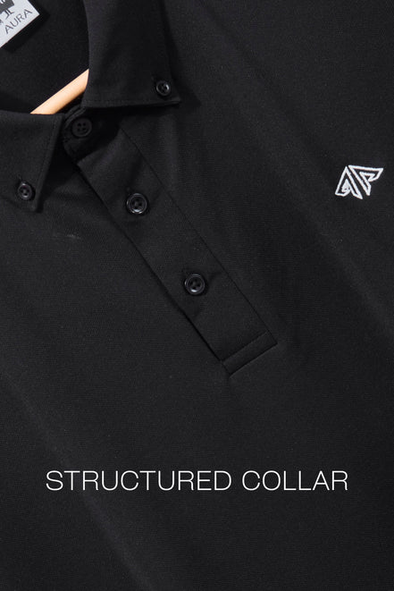 Auraa Everyday Essential - Textured Button-Down Polo (Black)