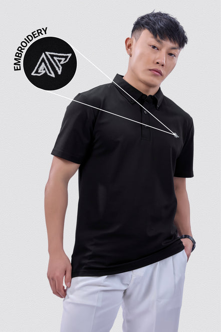 Auraa Everyday Essential - Textured Button-Down Polo (Black)