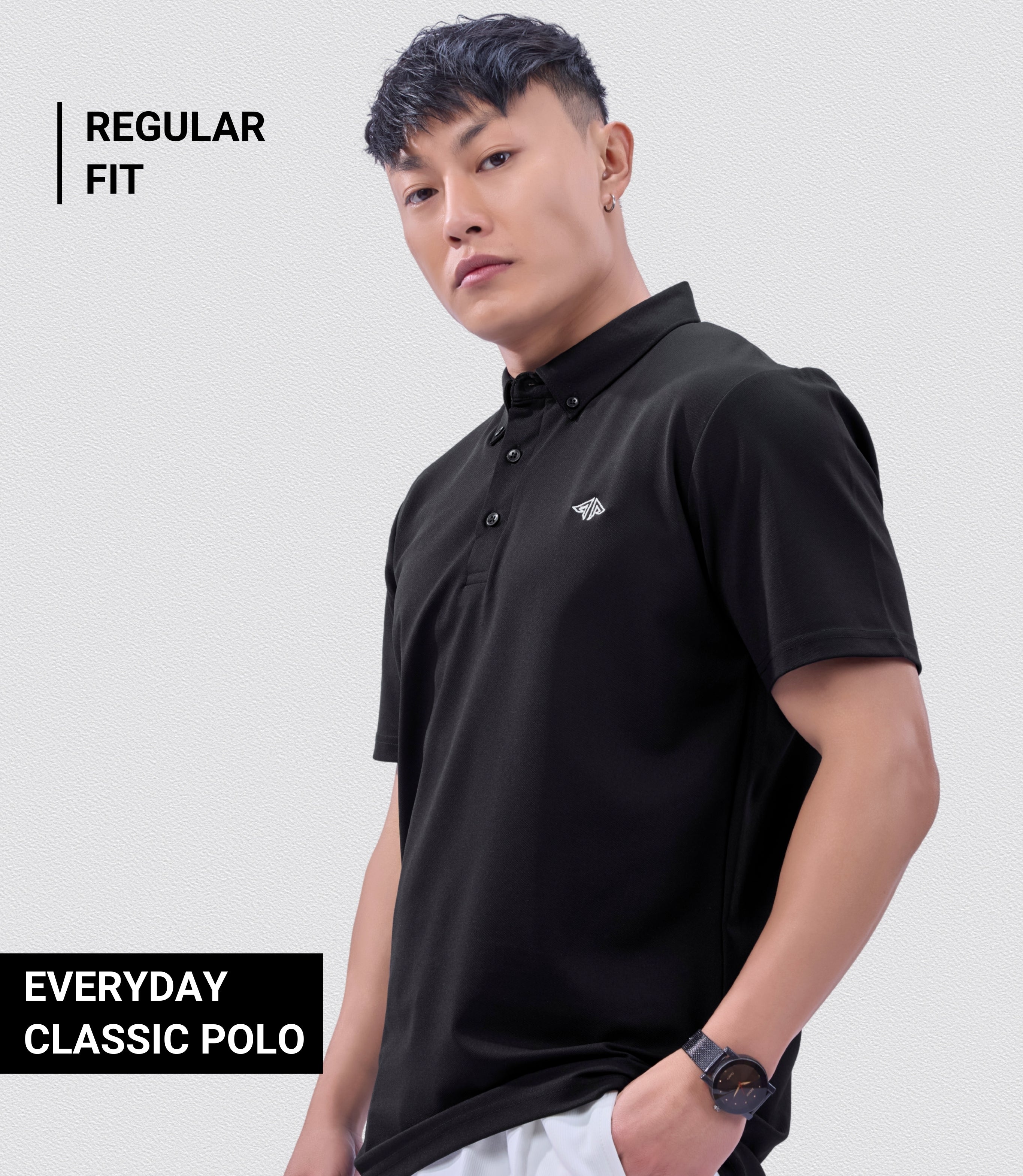Auraa Everyday Essential - Textured Button-Down Polo (Black)