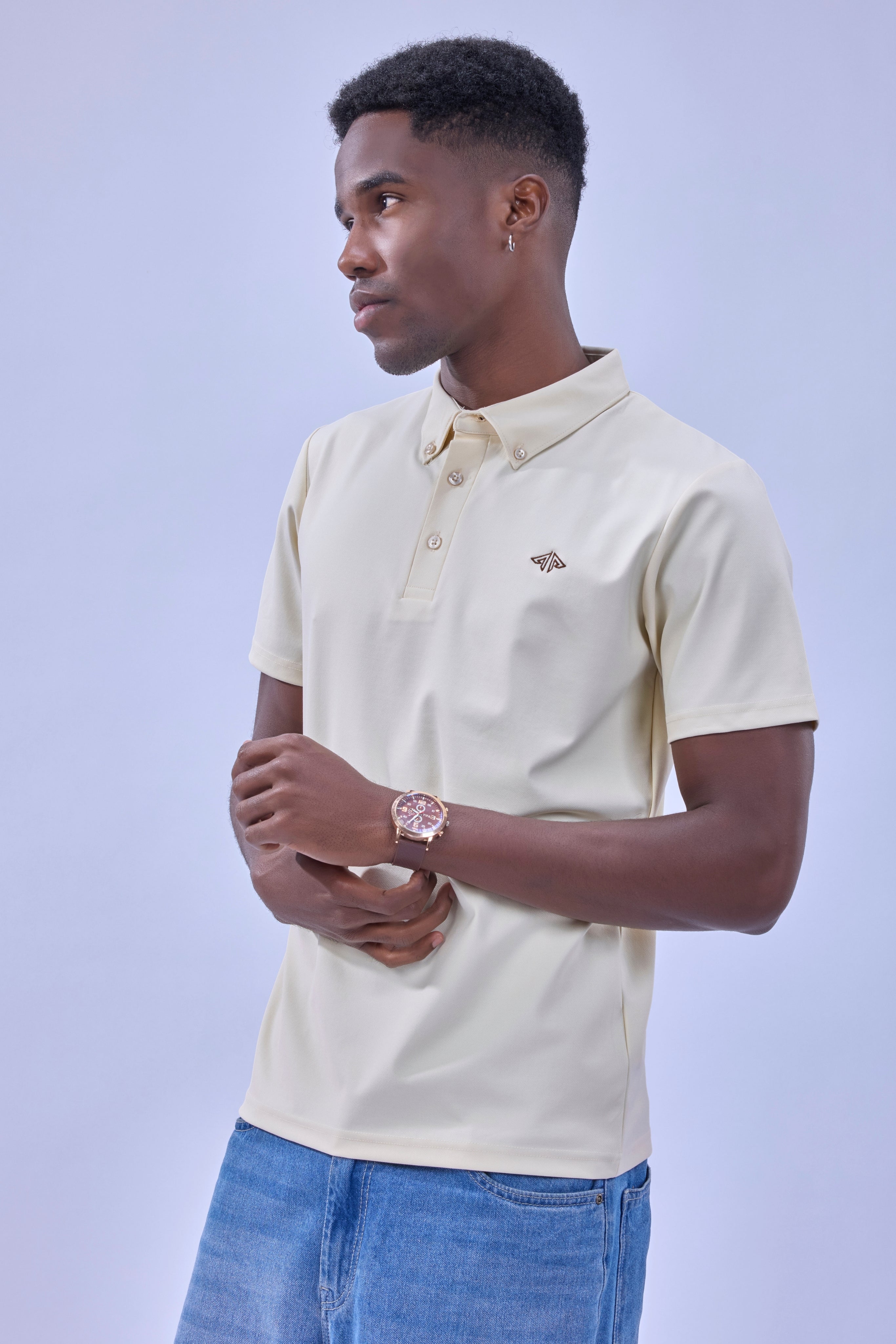 Auraa Everyday Essential - Textured Button-Down Polo (Cream)