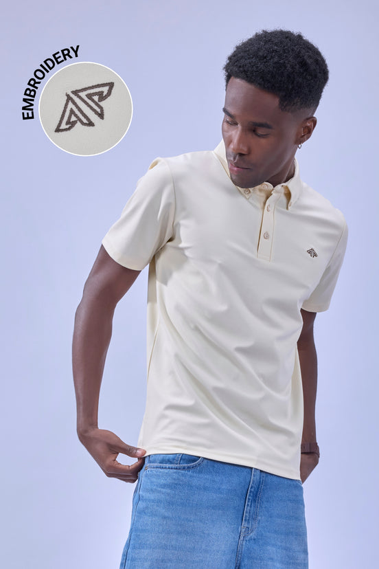Auraa Everyday Essential - Textured Button-Down Polo (Cream)