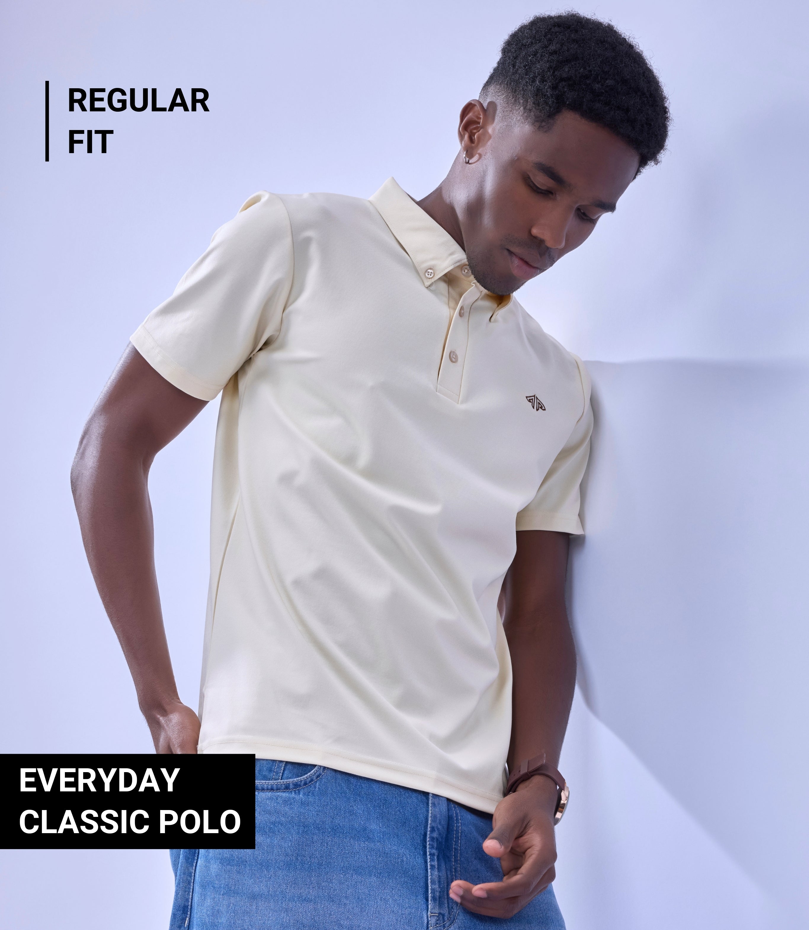 Auraa Everyday Essential - Textured Button-Down Polo (Cream)
