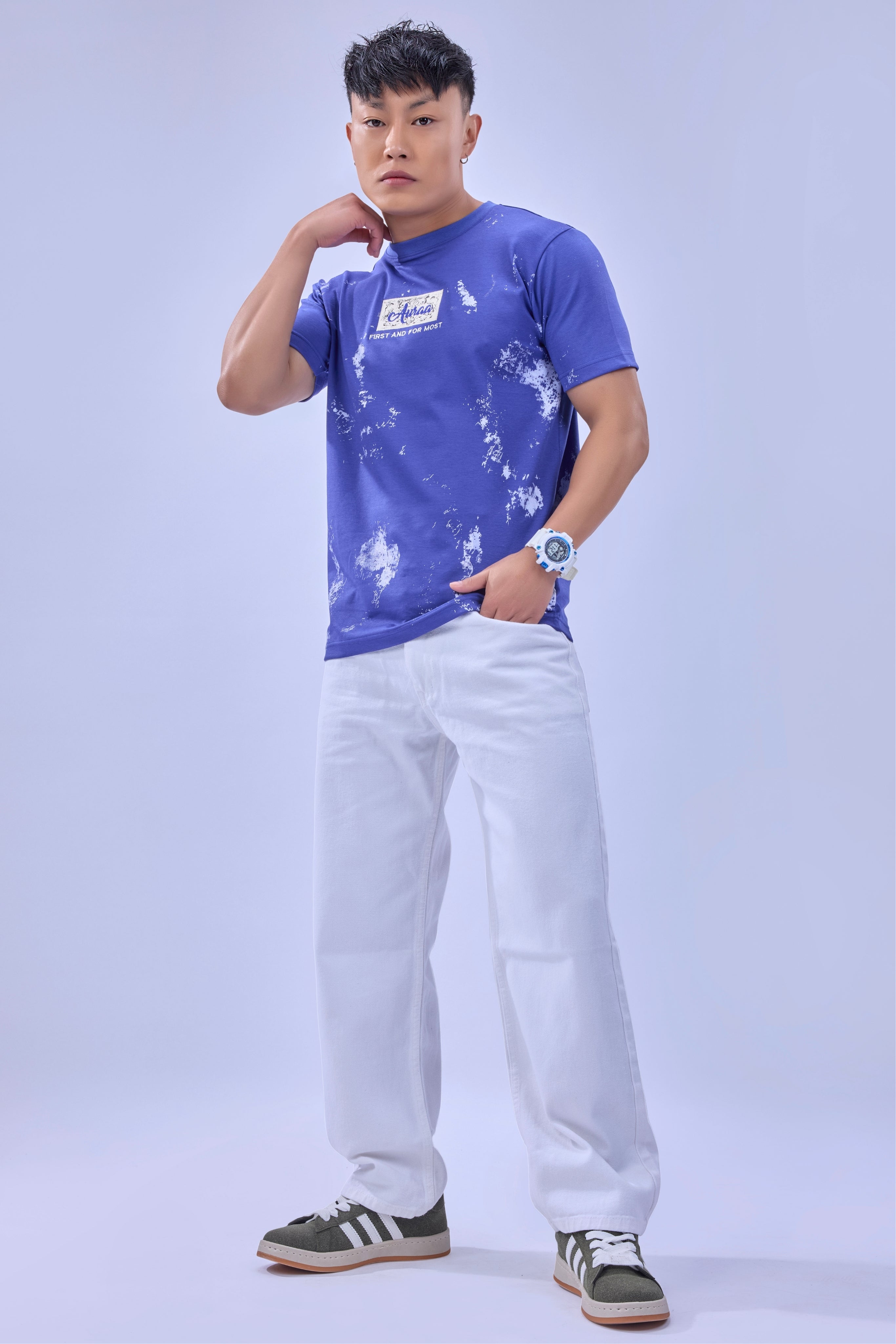 Auraa Rise - Embroidered Acid Wash T-Shirt (Blue)