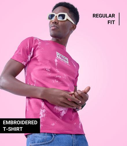 Auraa Rise - Embroidered Acid Wash T-Shirt (Pink)