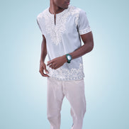 Auraa Woven Legacy - Ethnic Fusion Embroidered Notch Neck T-Shirt (Silver)