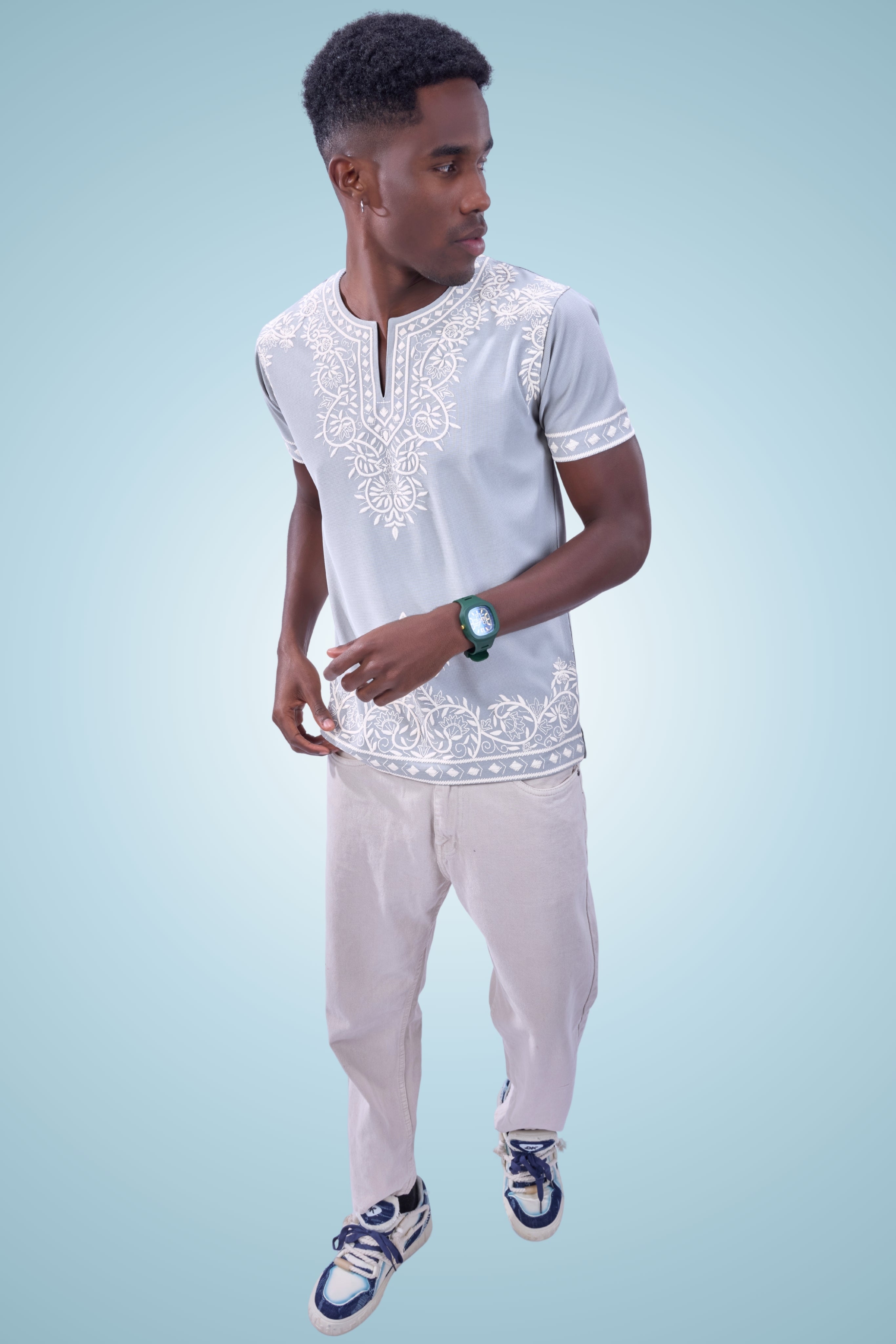 Auraa Woven Legacy - Ethnic Fusion Embroidered Notch Neck T-Shirt (Silver)