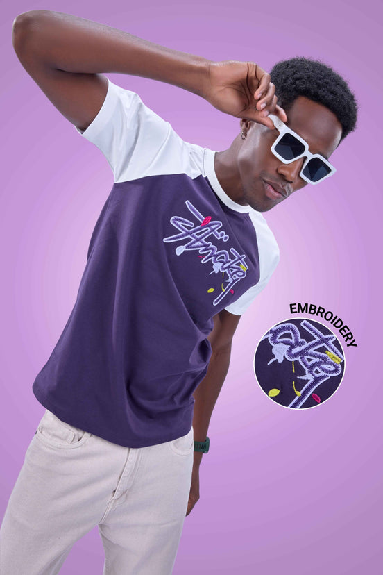 Auraa Lucid Chaos - Graffiti Embroidery Slim Fit Raglan T-Shirt (Purple)