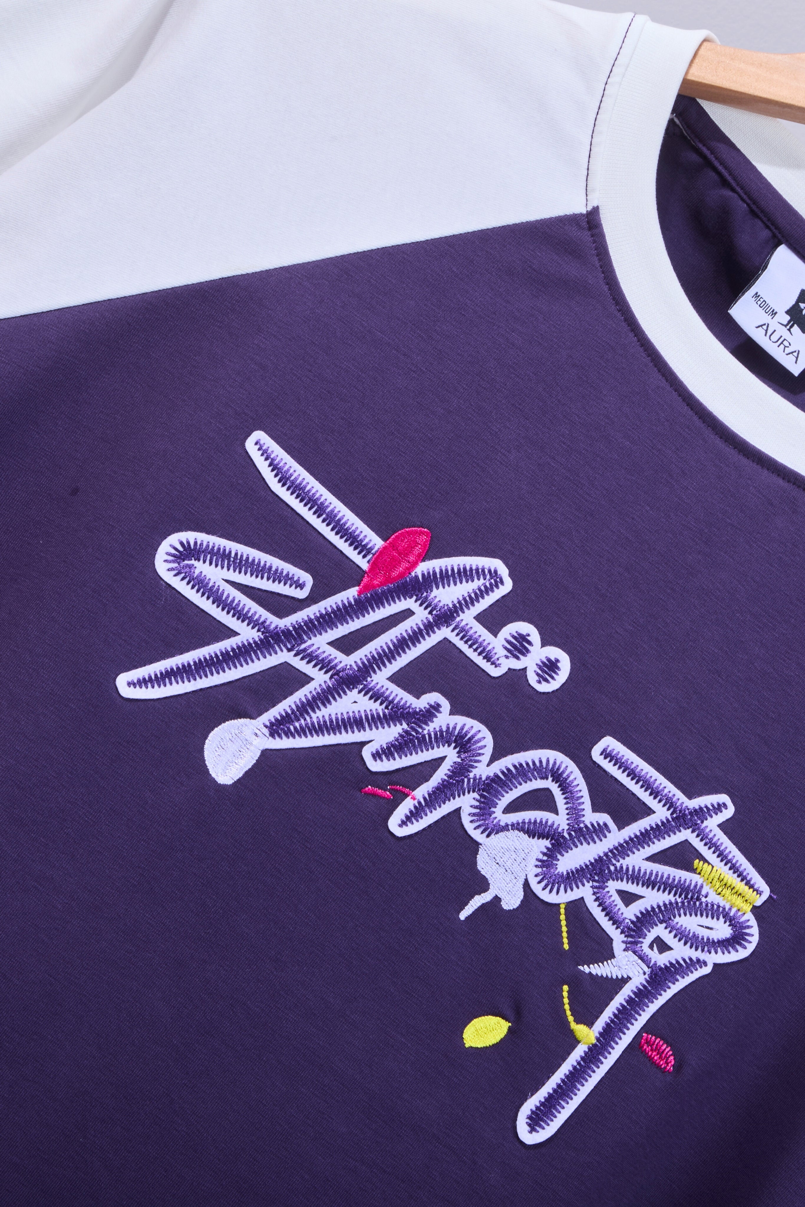 Auraa Lucid Chaos - Graffiti Embroidery Slim Fit Raglan T-Shirt (Purple)