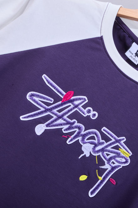 Auraa Lucid Chaos - Graffiti Embroidery Slim Fit Raglan T-Shirt (Purple)