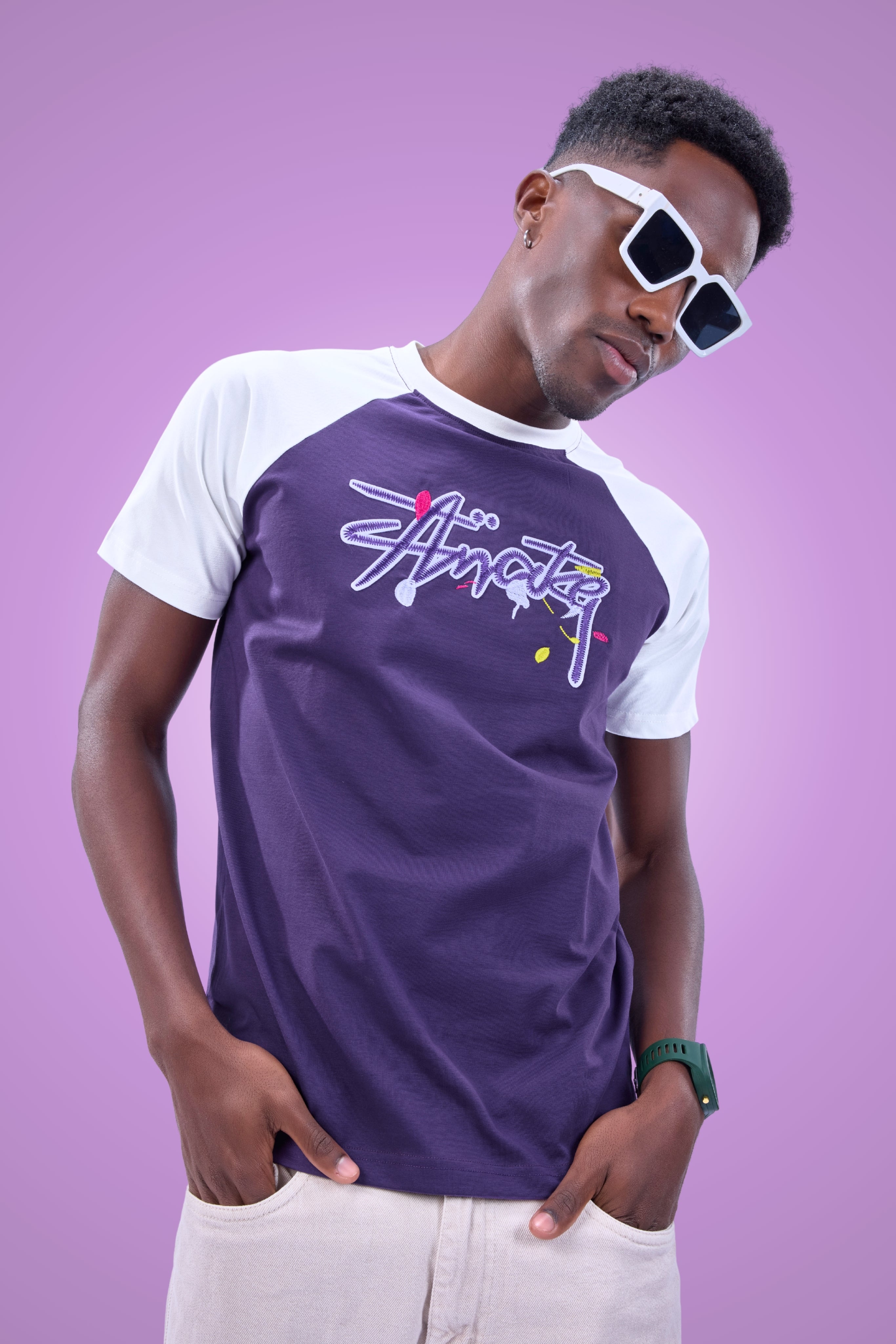Auraa Lucid Chaos - Graffiti Embroidery Slim Fit Raglan T-Shirt (Purple)