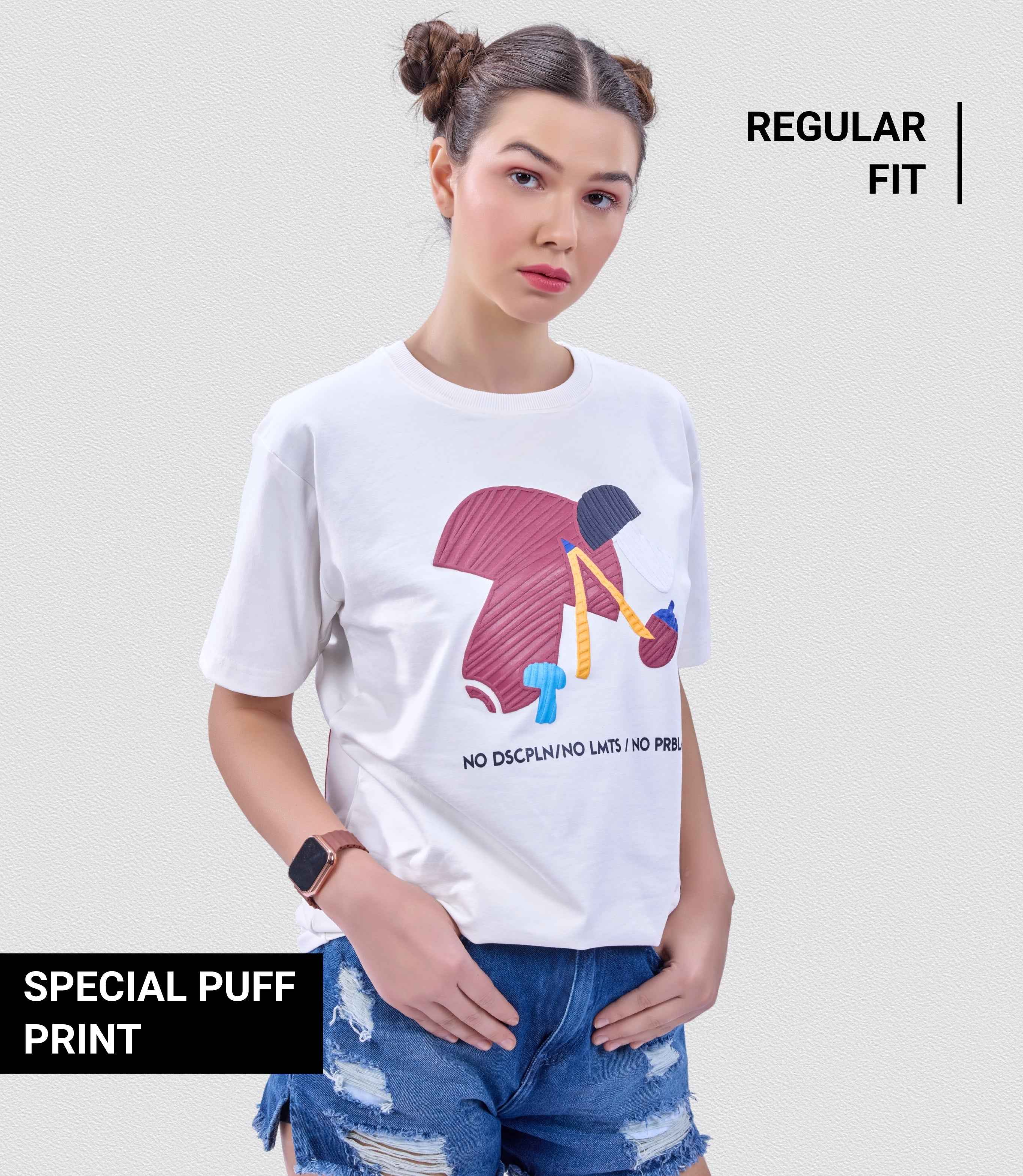 Auraa Limitless - 3D Textured Graphic Round Neck T-Shirt (Off-White)