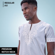 Auraa Woven Legacy - Ethnic Fusion Embroidered Notch Neck T-Shirt (Silver)