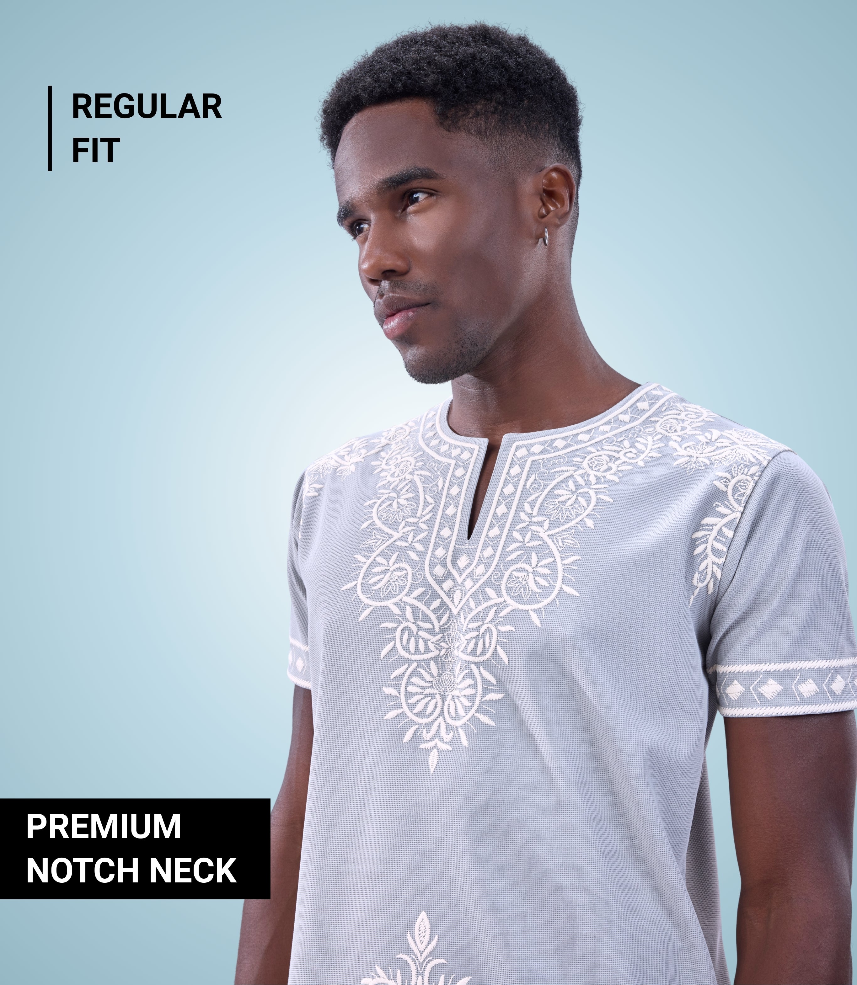 Auraa Woven Legacy - Ethnic Fusion Embroidered Notch Neck T-Shirt (Silver)