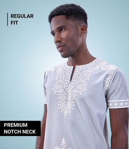 Auraa Woven Legacy - Ethnic Fusion Embroidered Notch Neck T-Shirt (Silver)