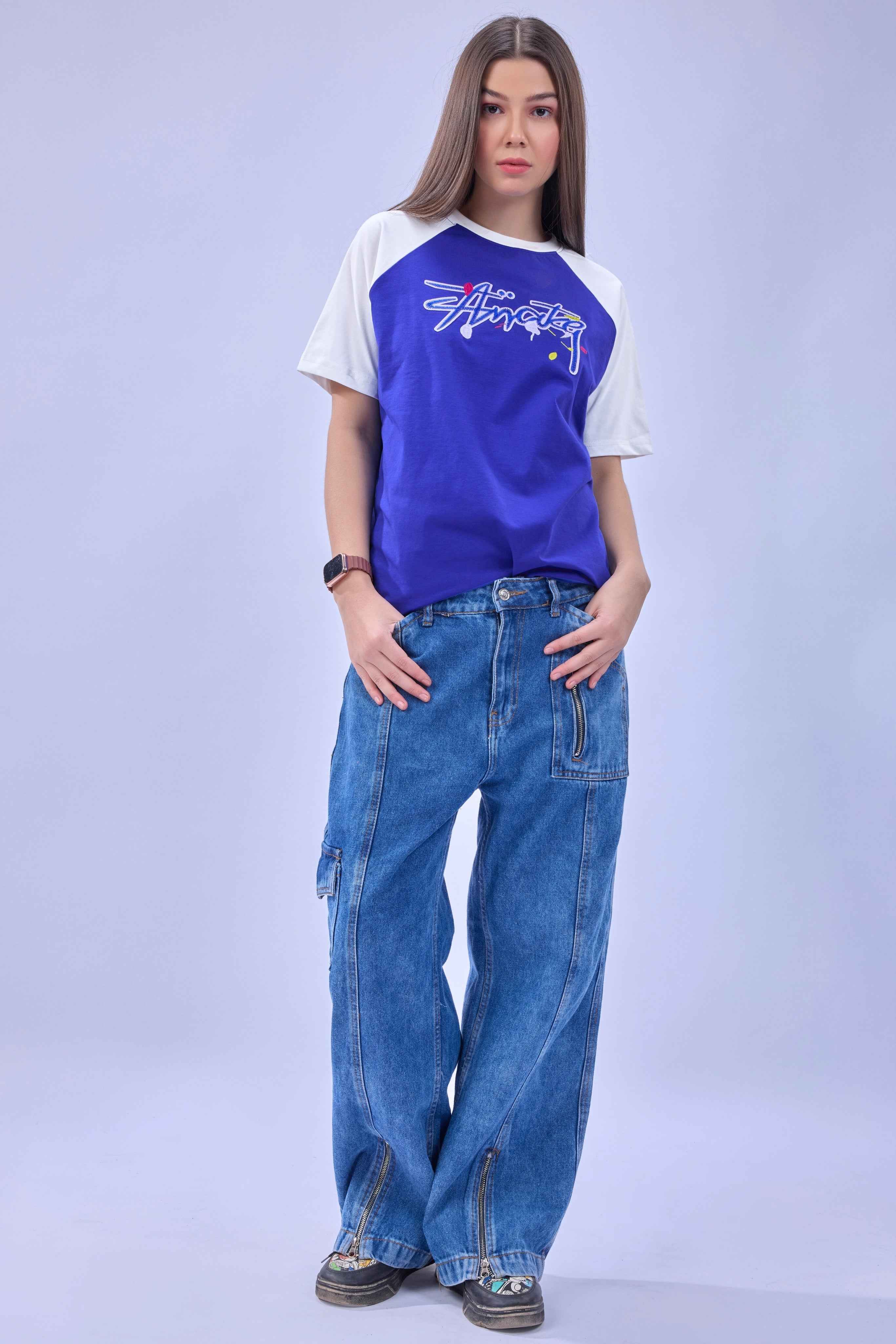 Auraa Lucid Chaos - Graffiti Embroidery Raglan T-Shirt (Blue)