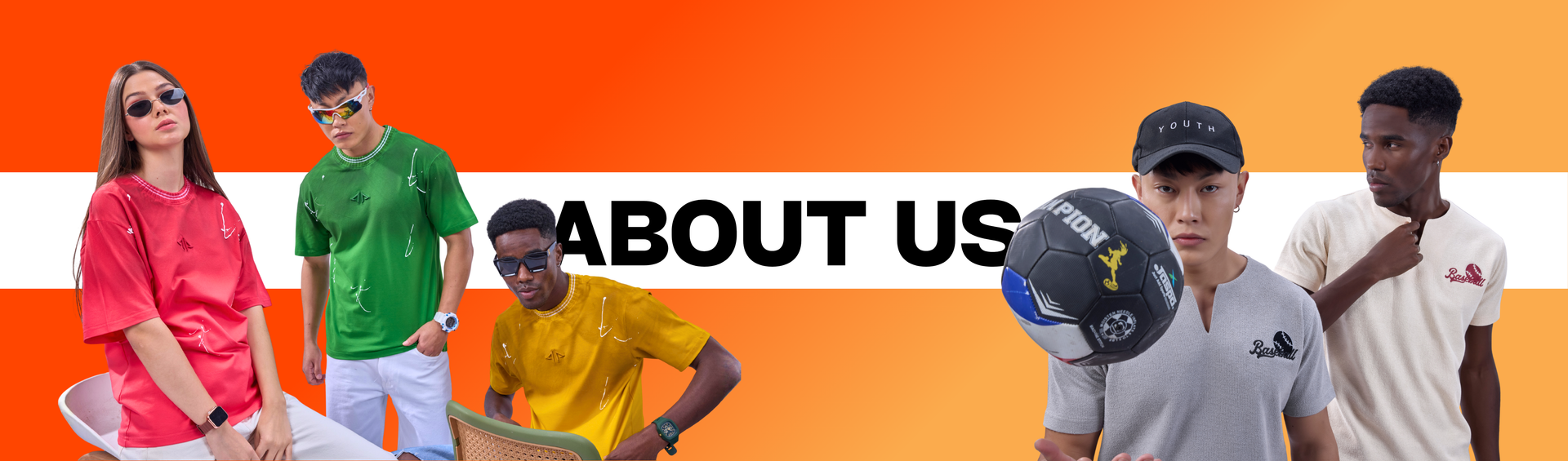 Page banner with a group of people in colourful clothing with a 'About Us' text overlay on an orange and white background.