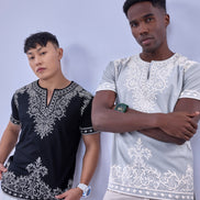 Auraa Woven Legacy - Ethnic Fusion Embroidered Notch Neck T-Shirt (Silver)