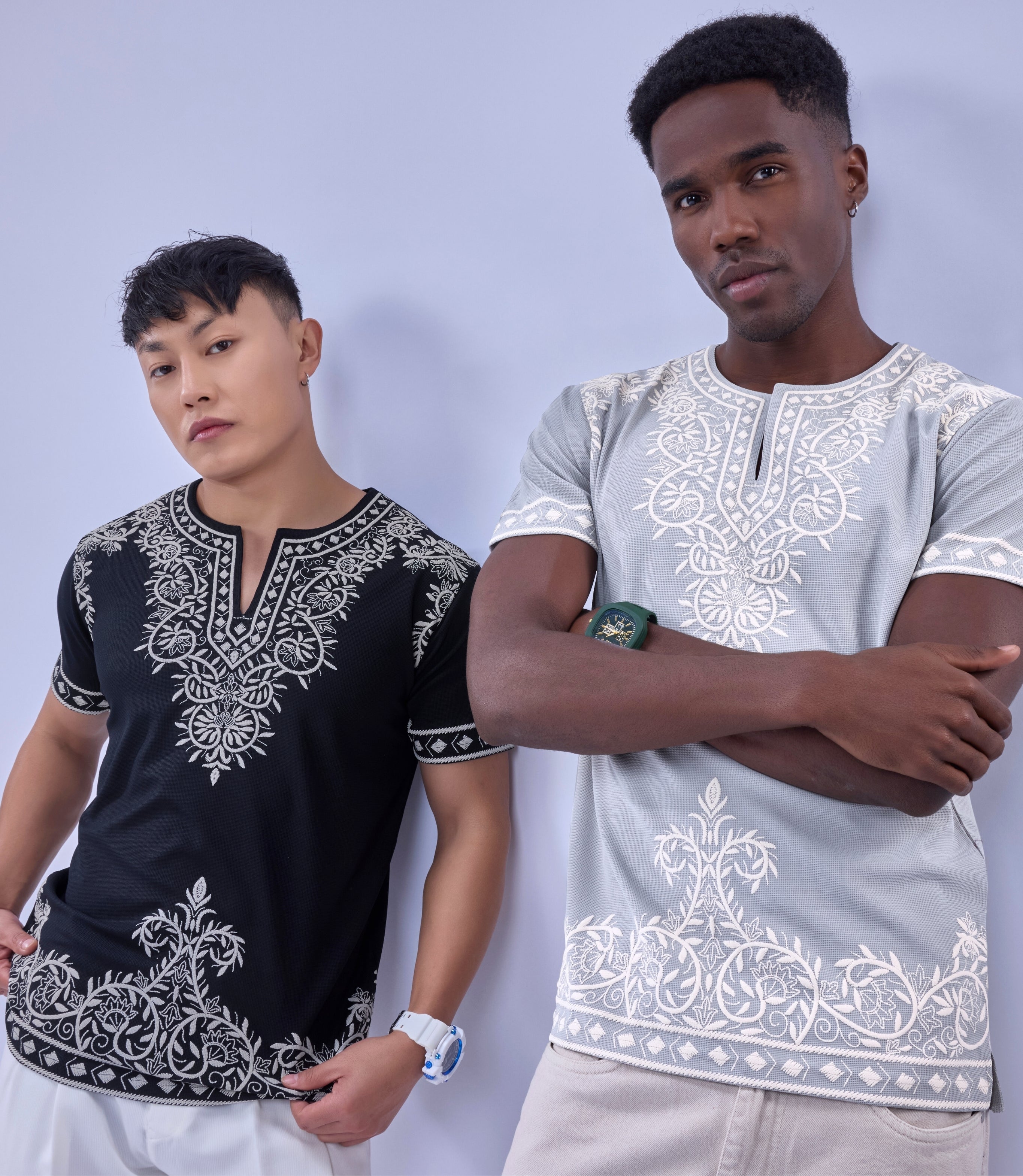 Auraa Woven Legacy - Ethnic Fusion Embroidered Notch Neck T-Shirt (Silver)